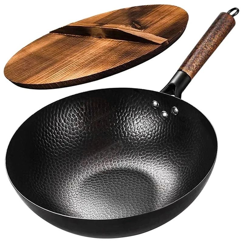 Wok Electric Flat - 탄소강 웍 팬 32cm 나무 뚜껑이